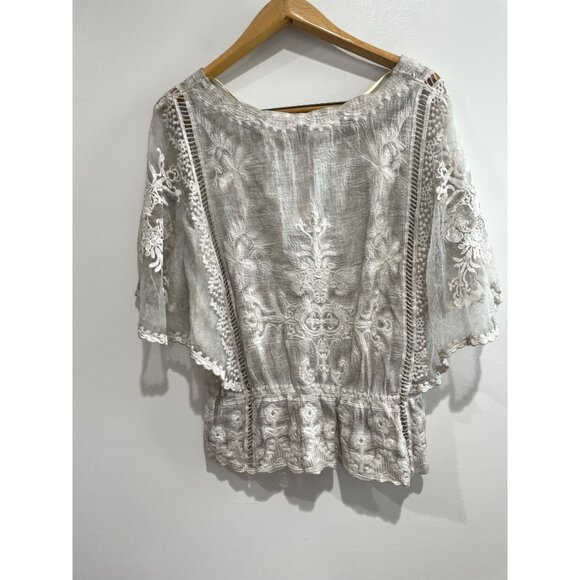 Democracy Mineral Wash Butterfly Sleeve Blouse Womens S Tan Sheer Embroidered - Picture 2 of 7